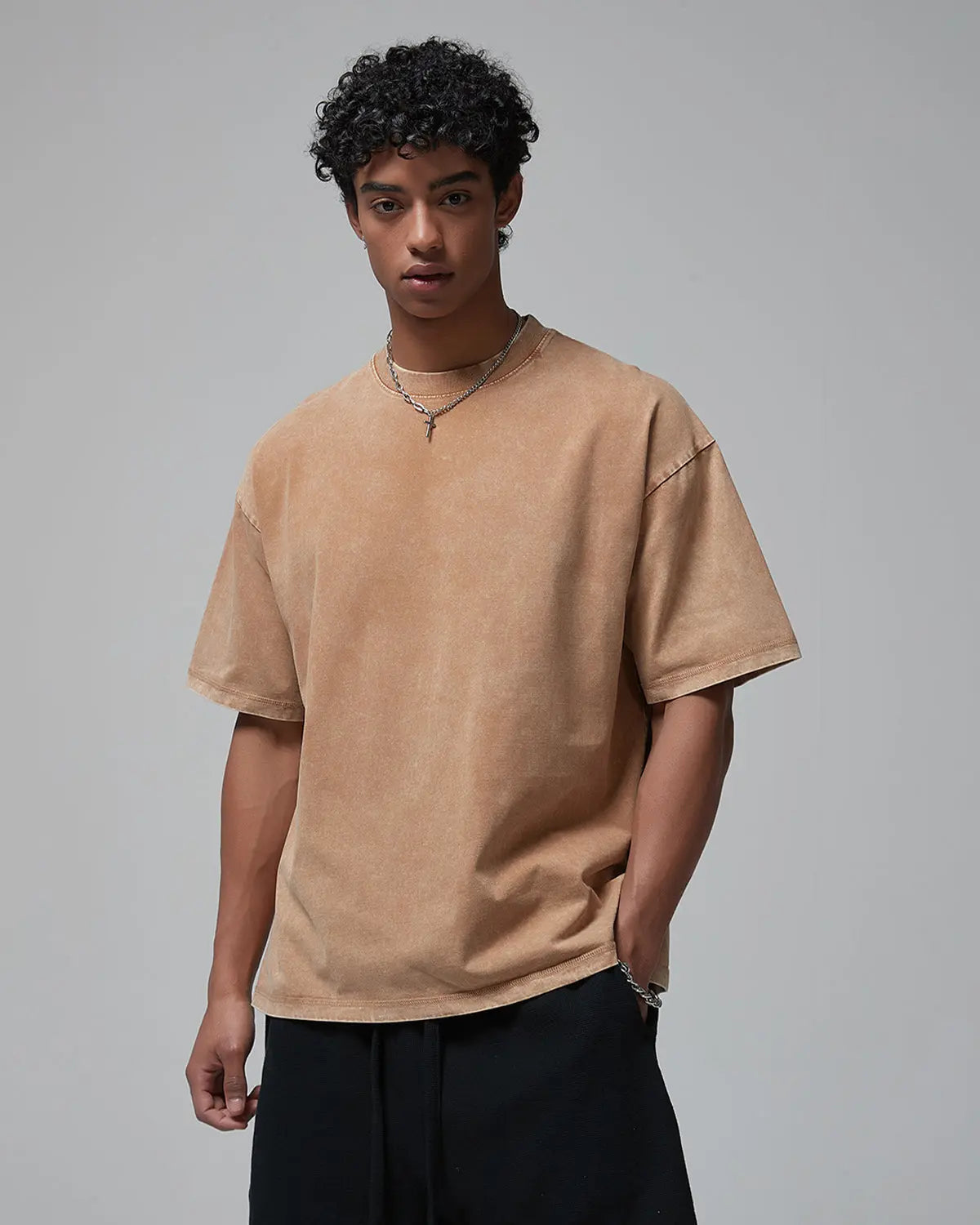 Wax washed mock neck T-shirt by INFLATION, streetwear style, shown in natural fabric texture and relaxed fit.
