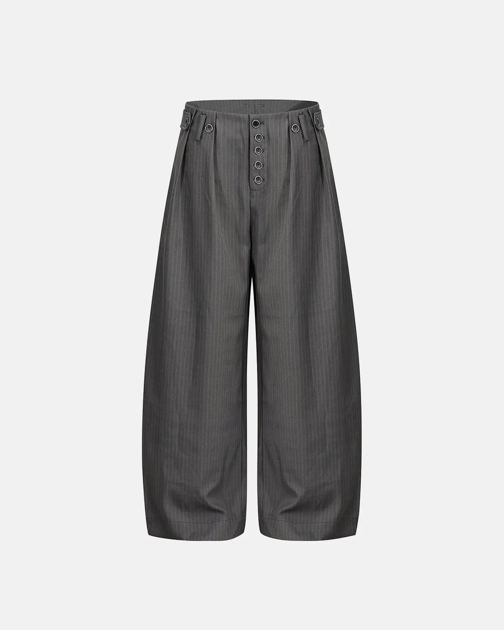Inflation streetwear pinstripe button barrel suit pants with tailored fit and classic style, shown on a model.