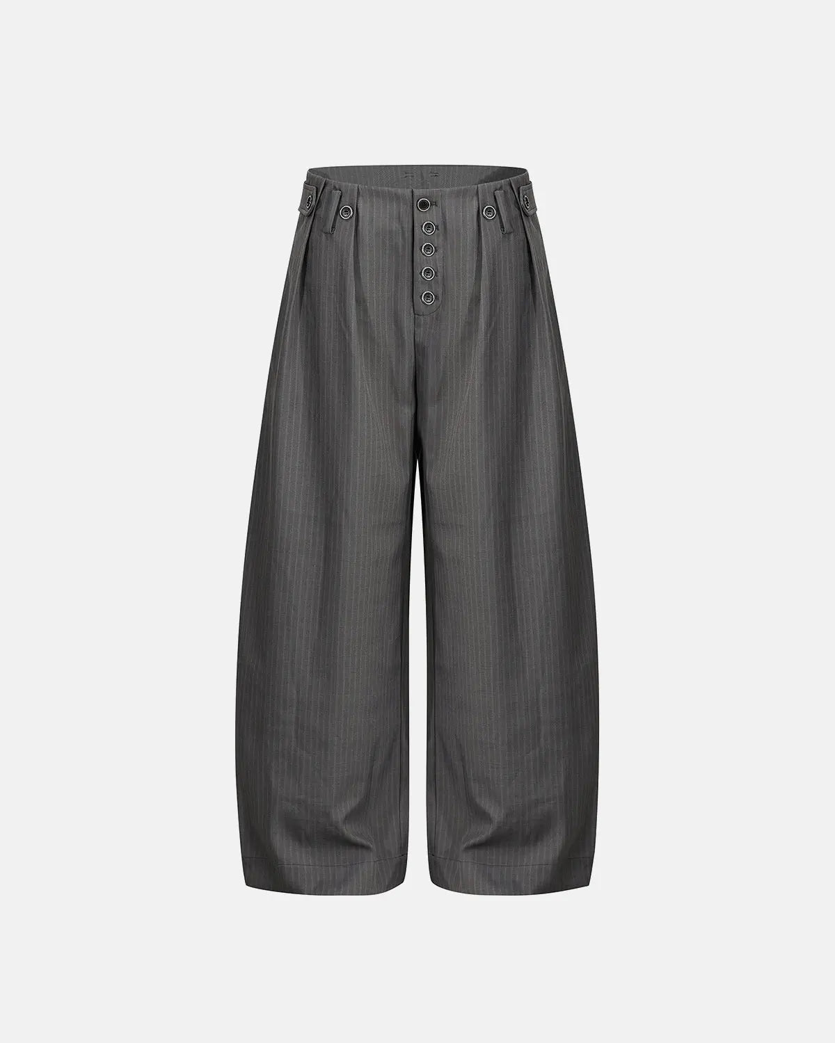 Inflation streetwear pinstripe button barrel suit pants with tailored fit and classic style, shown on a model.