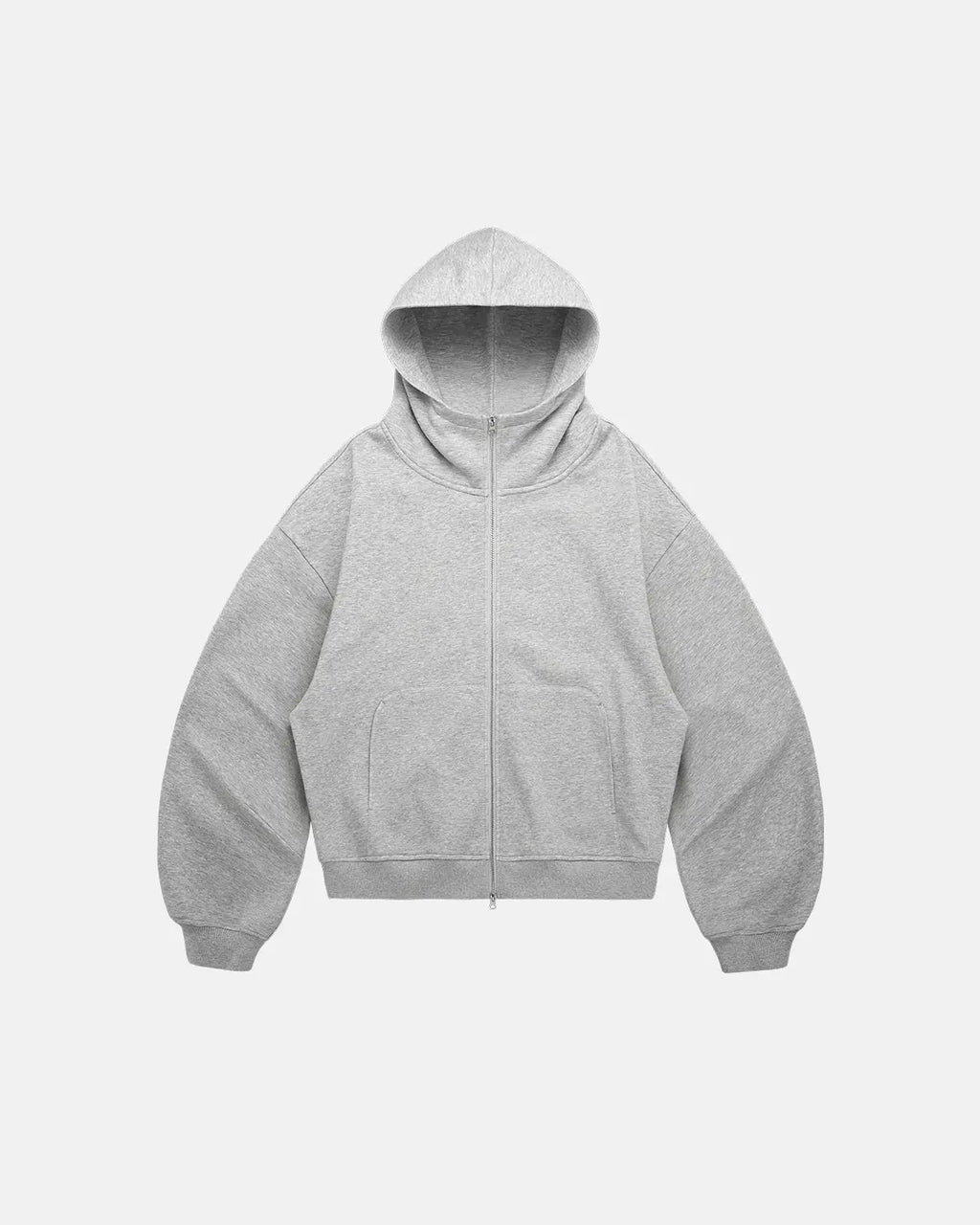 Inflation Streetwear high collar fleece double zip-up hoodie in black, featuring a cozy fleece material and adjustable hood.