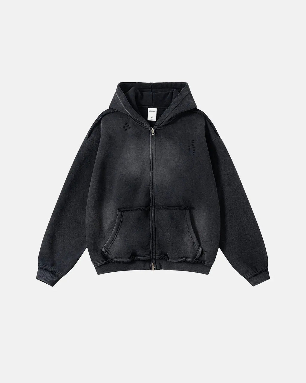 Inflation Monkey Wash Ripped Zip Up Hoodie showing distressed fabric, zipper front, and casual streetwear style in a close-up shot.