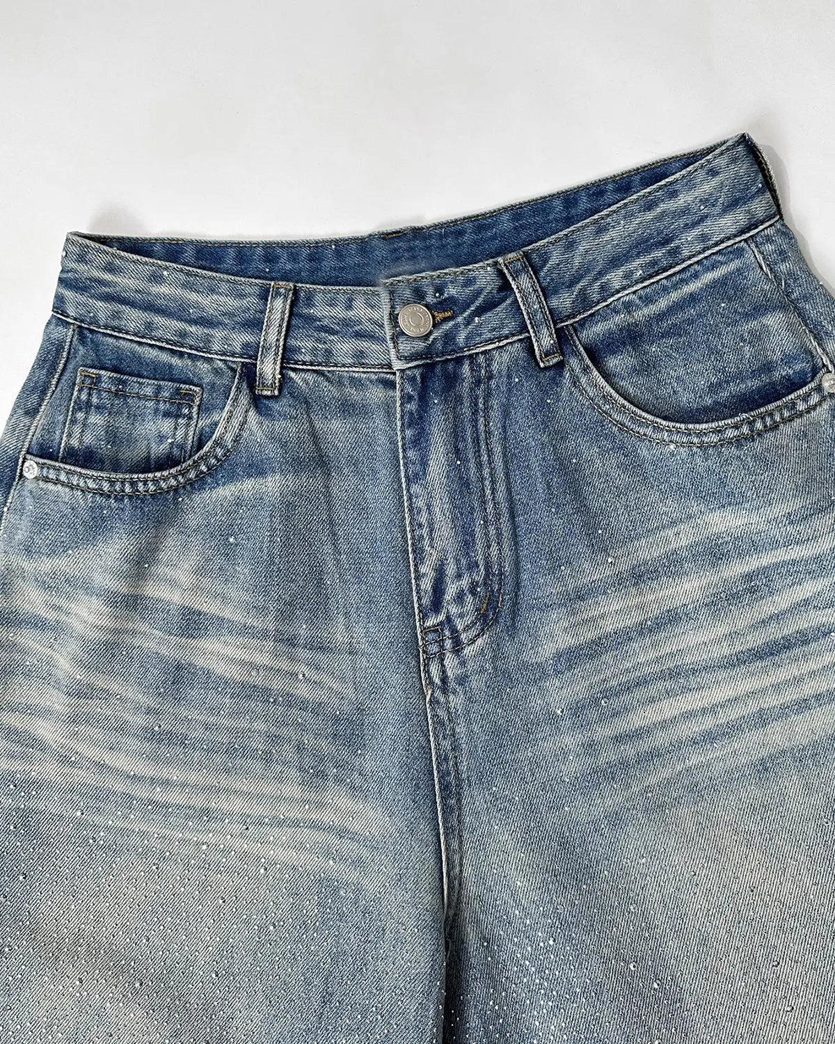 Inflation Rhinestone Washed Barrel Baggy Jeans, men's streetwear pants with distressed denim and rhinestone embellishments.