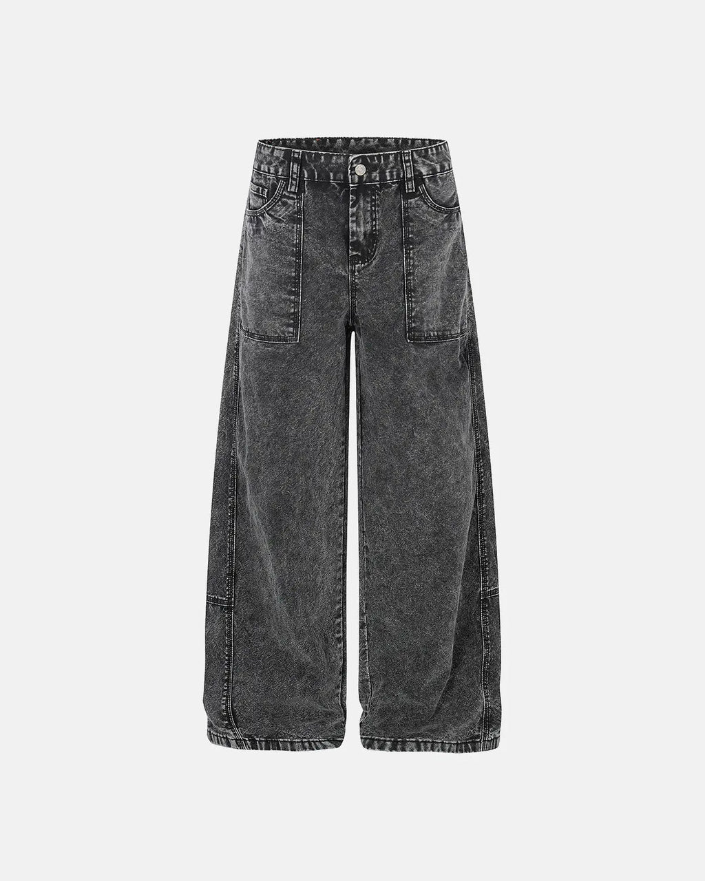Deconstructed distressed barrel jeans by INFLATION featuring ripped fabric, faded denim, and unique streetwear style.
