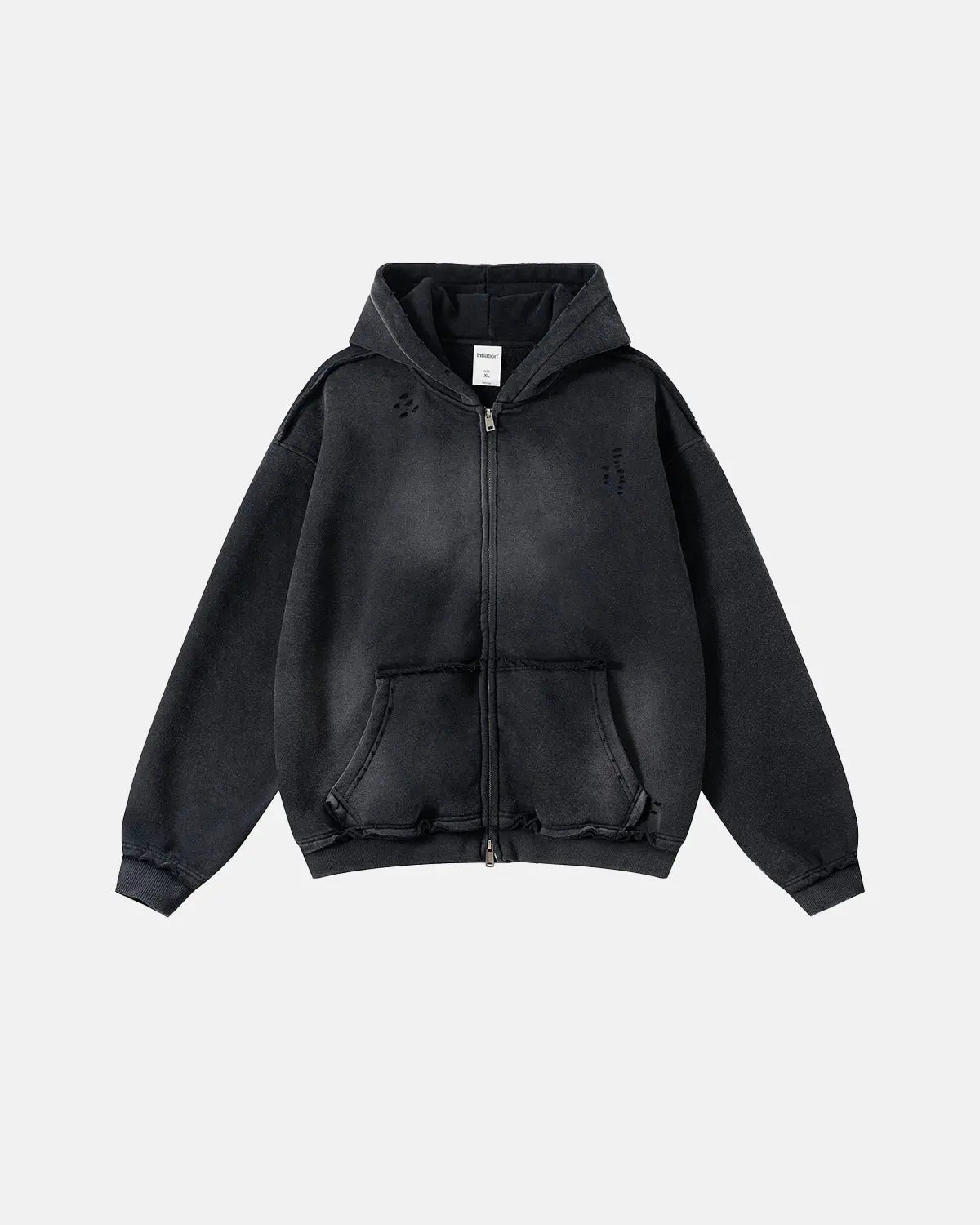 Inflation Streetwear Monkey Wash Ripped Zip Up Hoodie featuring distressed fabric and a casual, urban style.