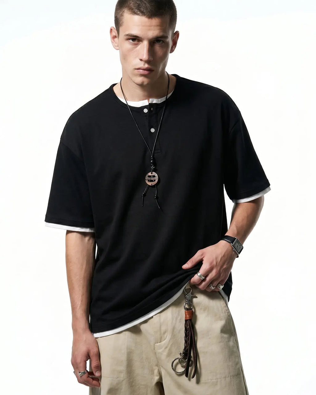 Old Money Layered Henley T-Shirt by INFLATION, stylish men's shirt with layered design and classic henley style, in neutral tones.