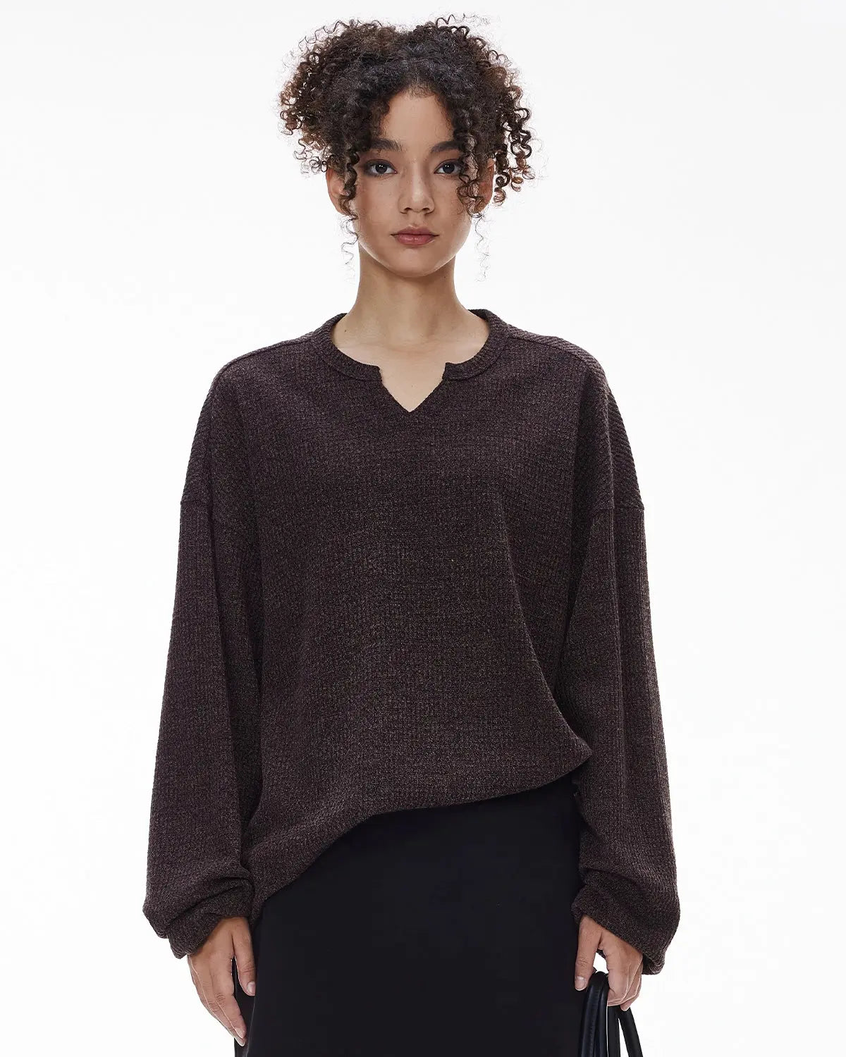 Inflation Streetwear V-neck long sleeve waffle tee in black, featuring a textured knit fabric and relaxed fit.