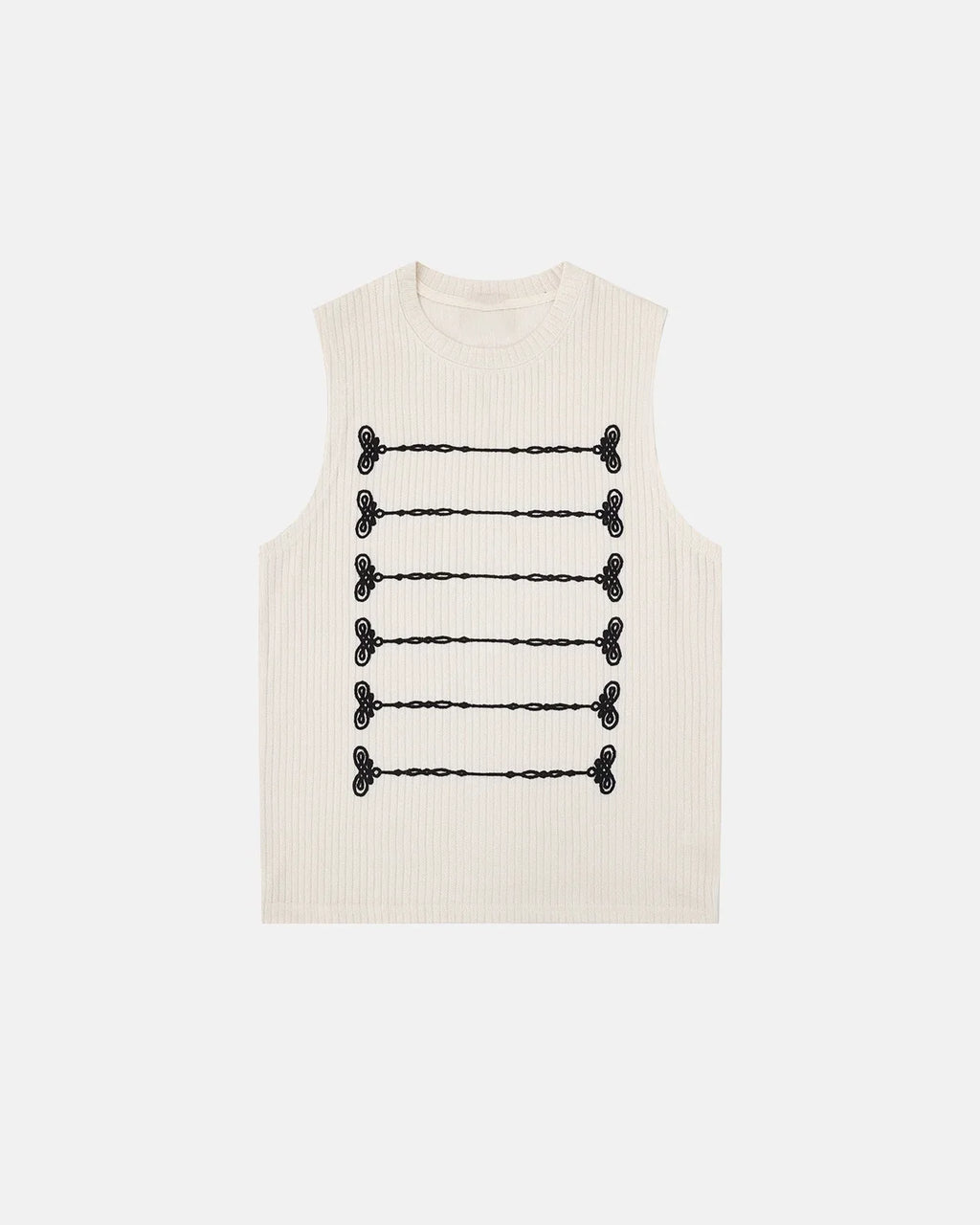 Embroidered knit tank top by INFLATION, featuring colorful embroidery and a sleeveless design, casual streetwear style.