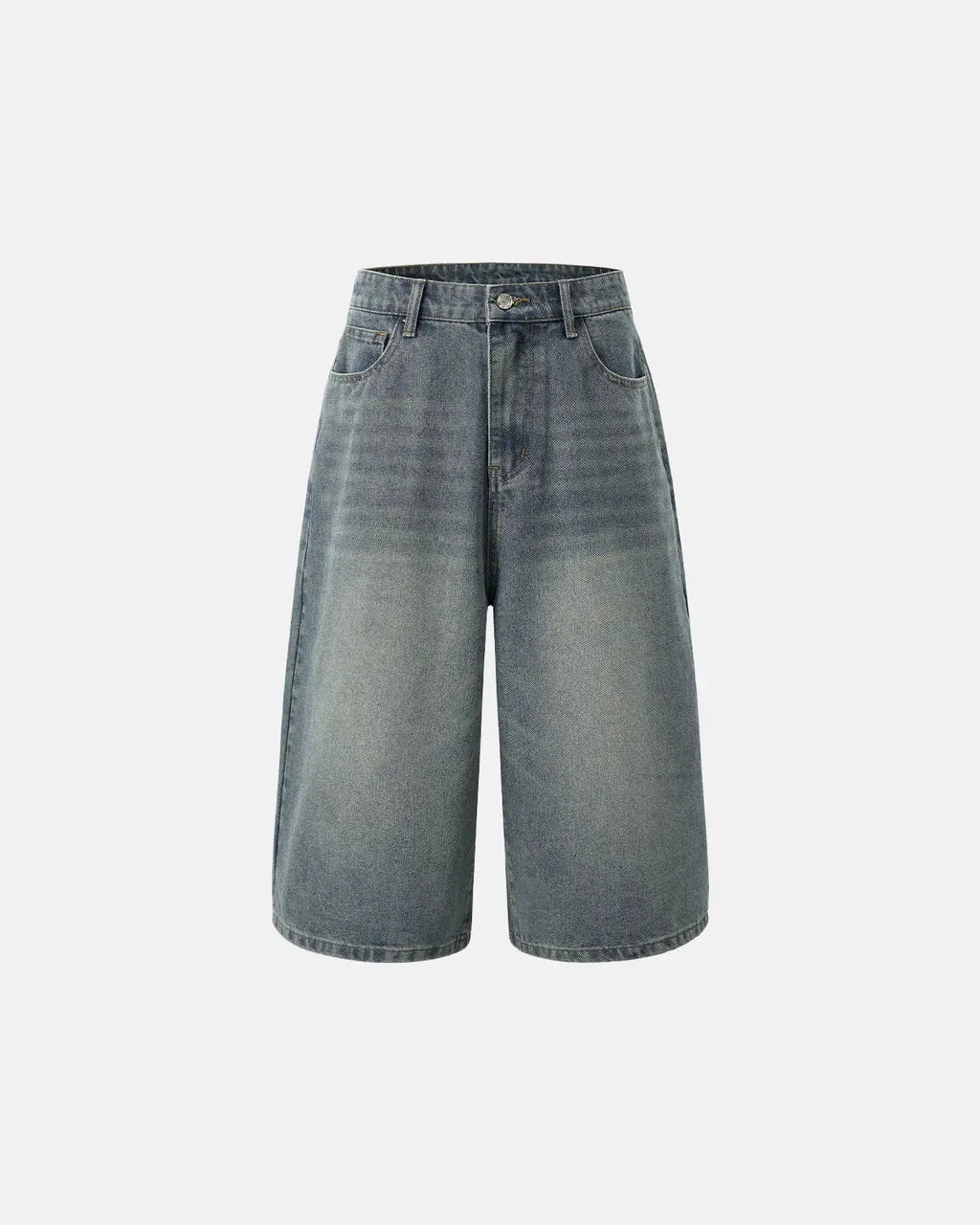 Washed baggy longline jorts pants by Flation Streetwear, featuring relaxed fit, distressed denim, and longline design.