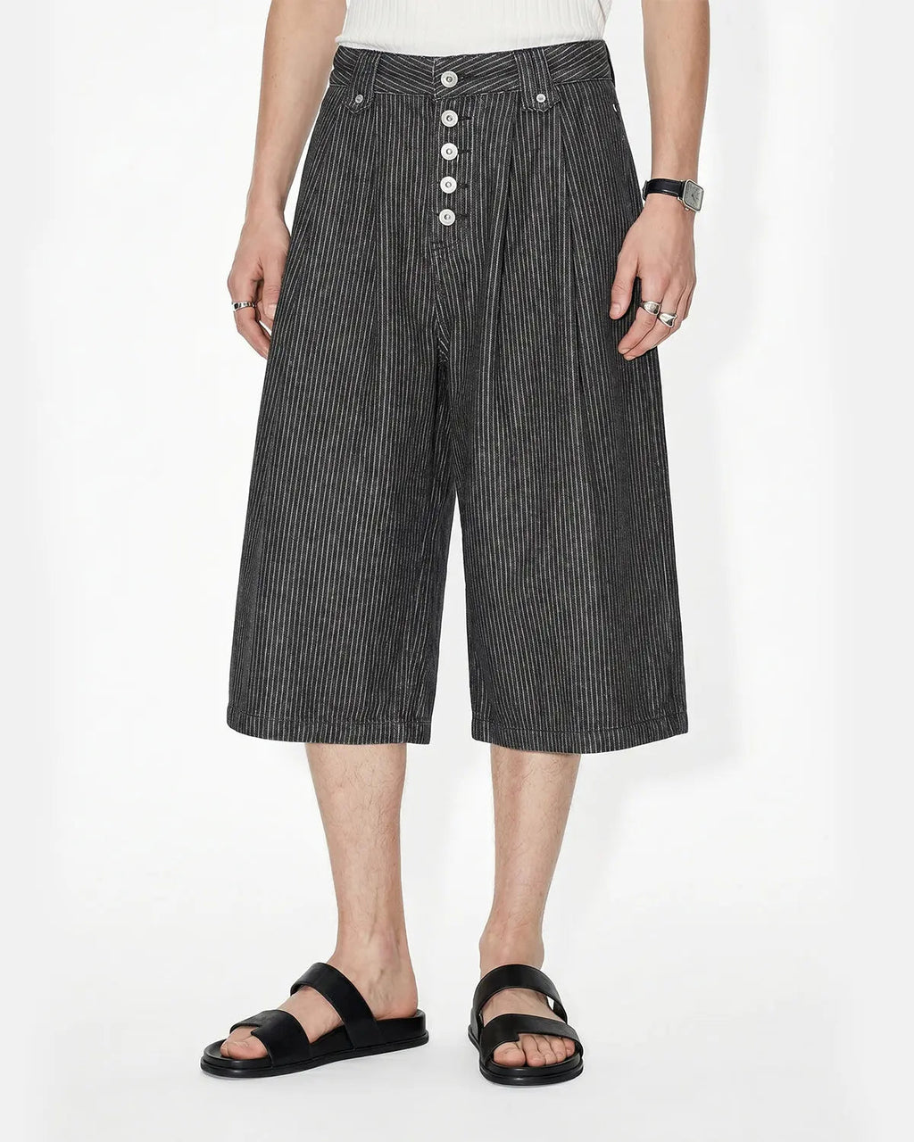 Inflation Streetwear striped button fly baggy jorts, casual denim pants with bold striped pattern and relaxed fit.