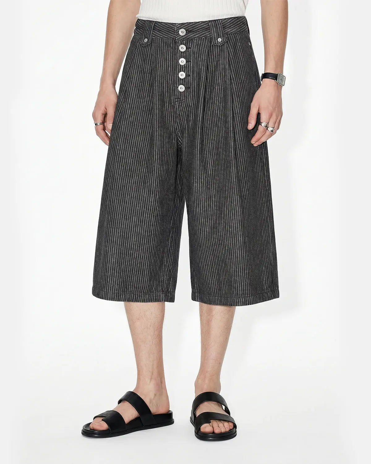 Inflation Streetwear striped button fly baggy jorts, casual denim pants with bold striped pattern and relaxed fit.