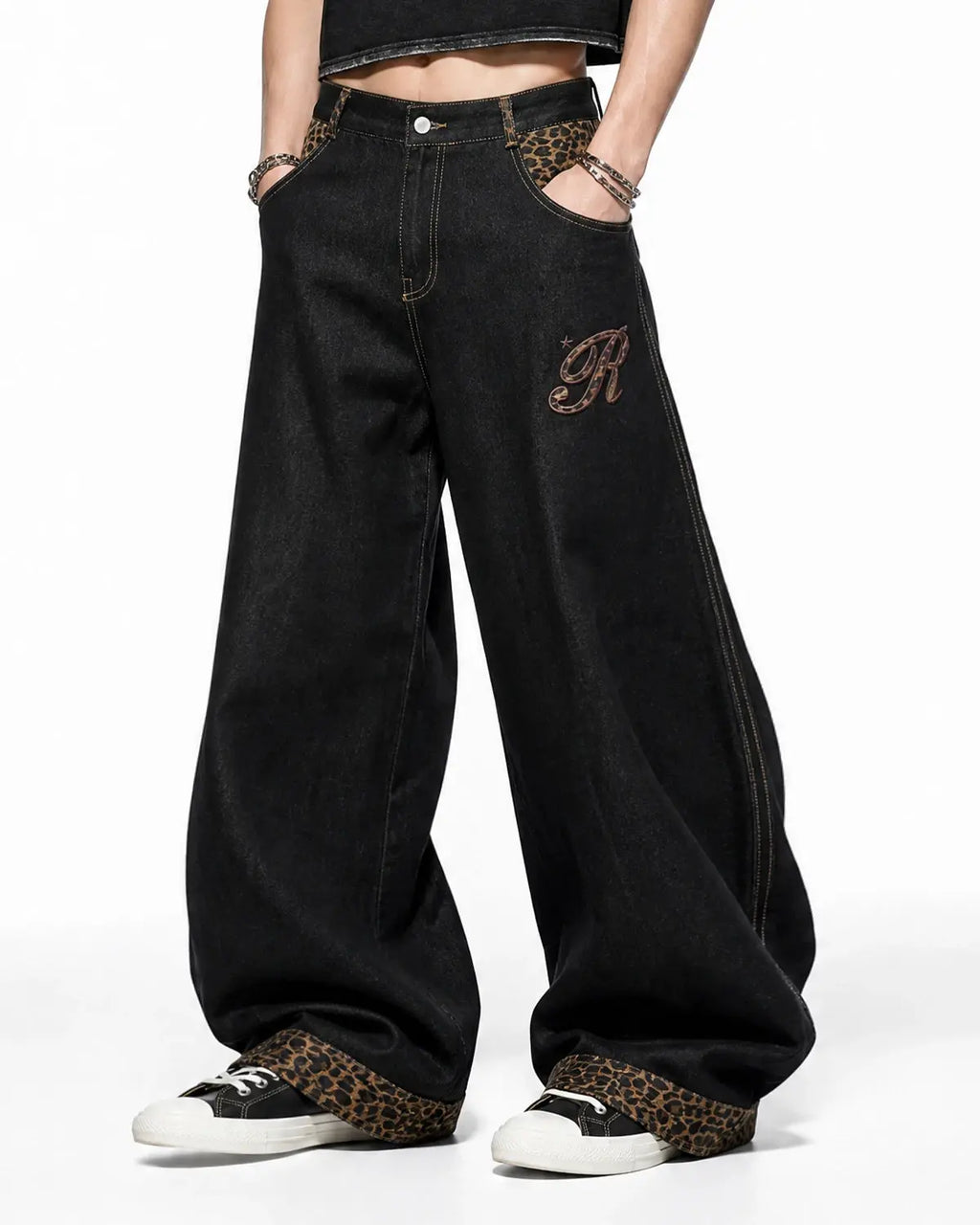 Leopard patchwork embroidery baggy jeans by INFLATION featuring distressed denim and streetwear style.