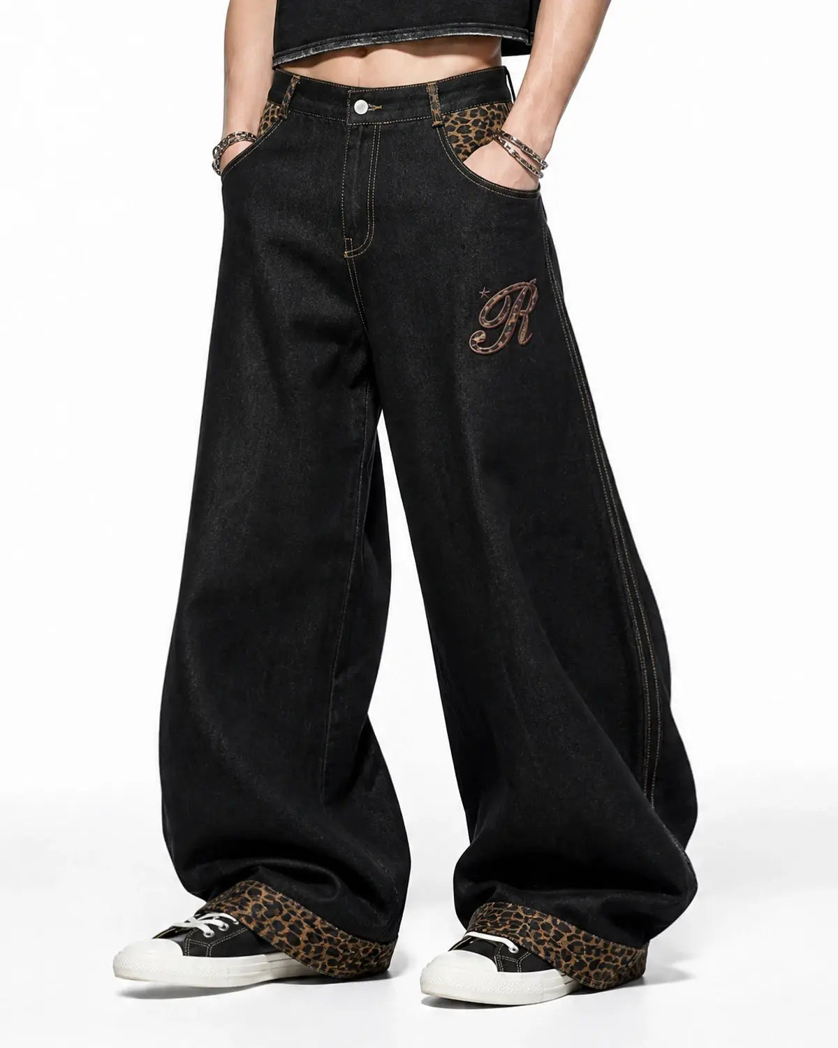 Leopard patchwork embroidery baggy jeans by INFLATION featuring distressed denim and streetwear style.
