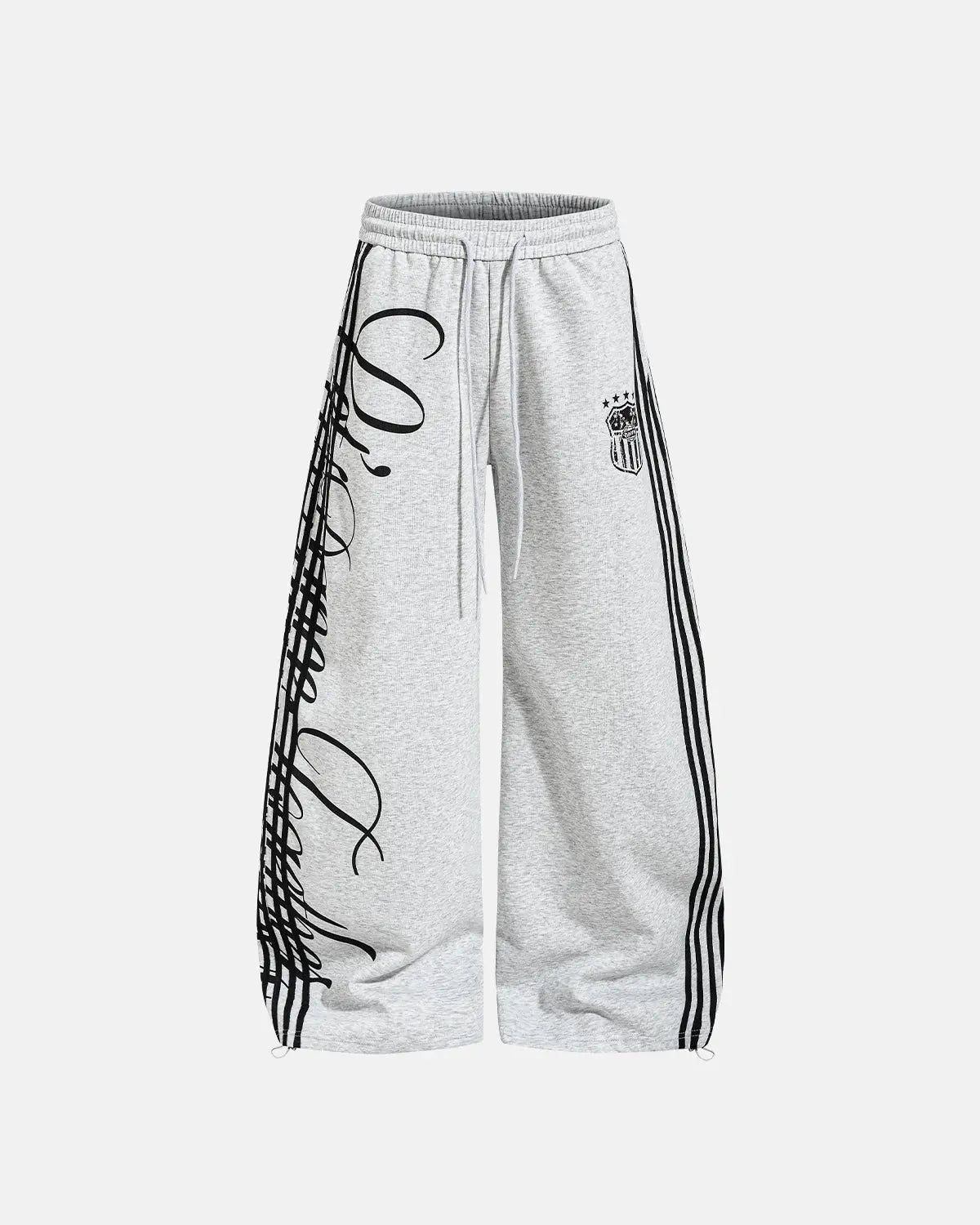 Inflation Script Stripe Baggy Sweatpants, relaxed fit streetwear pants with bold stripe design and comfortable waistband.