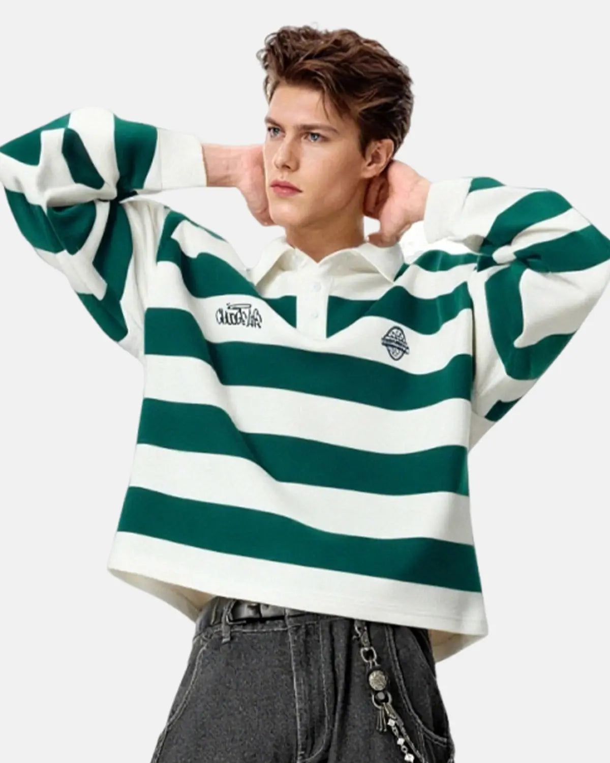 Green rugby polo shirt by Flation Streetwear, casual t-shirt with a classic polo collar and short sleeves.