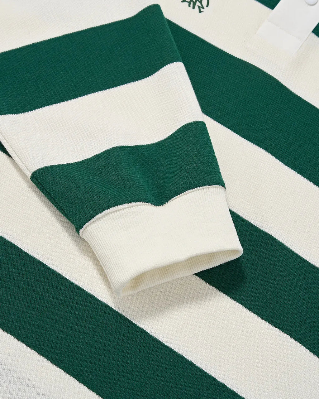 Green rugby polo shirt by Flation Streetwear featuring a classic collar, short sleeves, and a casual fit.