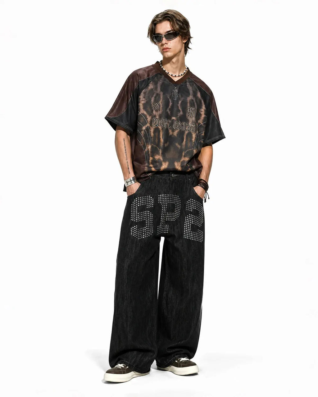 Rhinestone number wide-leg jeans from INFLATION Streetwear featuring bold rhinestone embellishments and a relaxed fit.