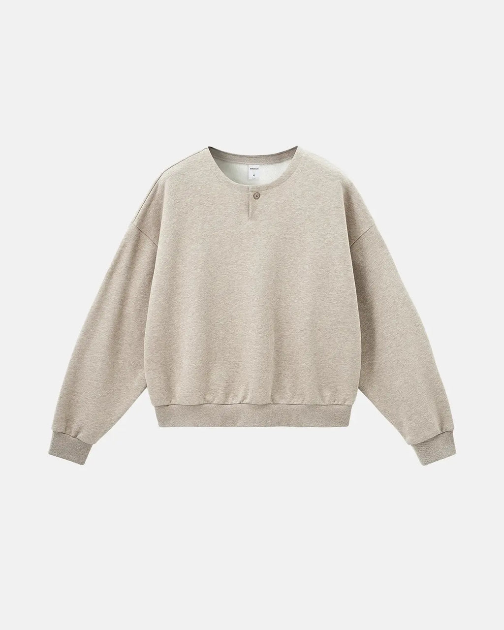 Boxy fit Henley collar sweatshirt by Flation featuring a relaxed silhouette, ribbed cuffs, and a casual streetwear style.