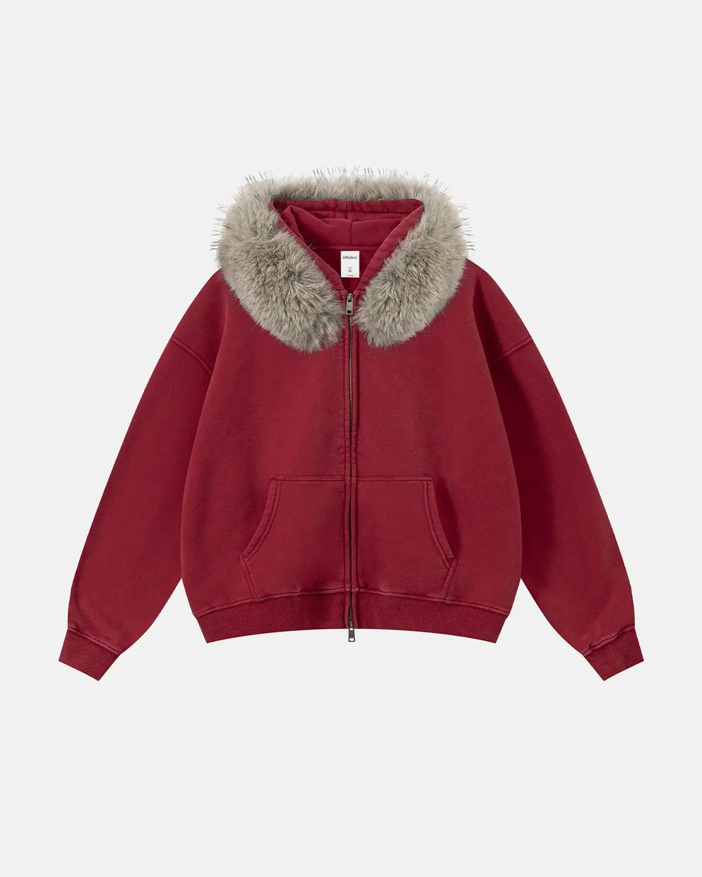 Inflation Streetwear faux fur collar acid wash zip-up hoodie with hood and front pockets, stylish and casual streetwear fashion.