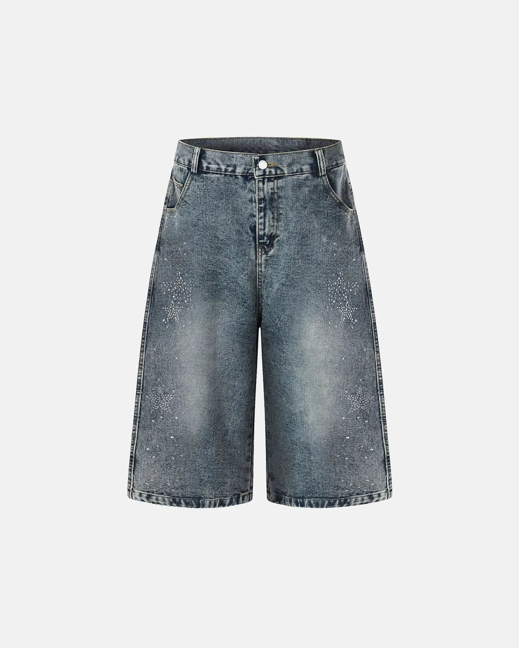 Star rhinestone denim shorts by INFLATION, featuring stylish distressed denim with sparkling star rhinestone embellishments.
