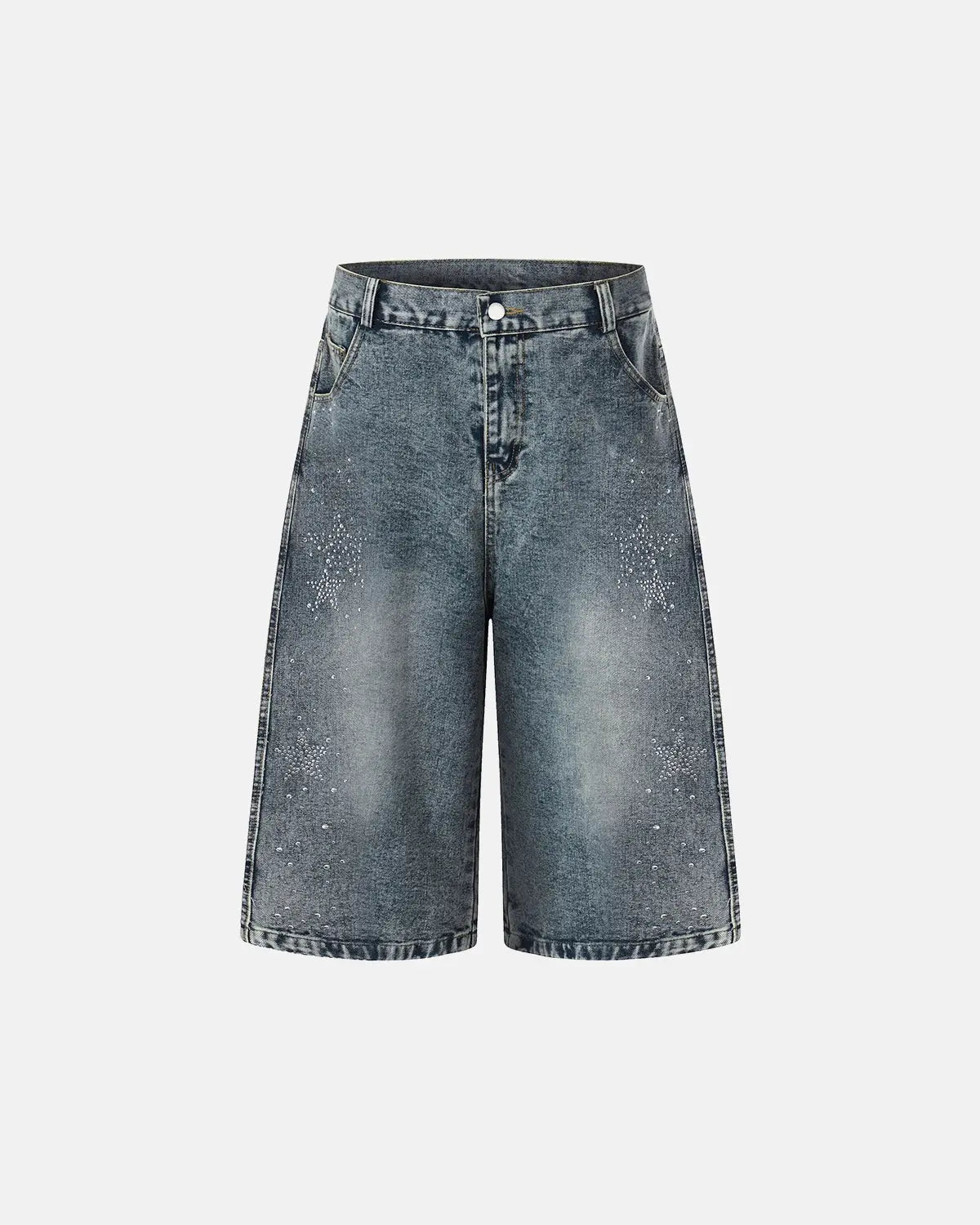 Star rhinestone denim shorts by INFLATION, featuring stylish distressed denim with sparkling star rhinestone embellishments.