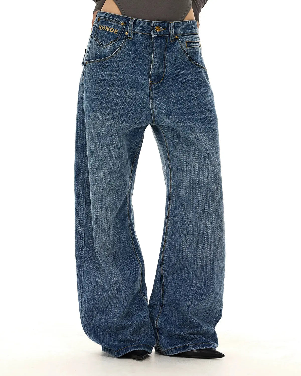 Inflation INFLATION washed bamboo weave baggy jeans with cinch back, relaxed fit, and casual streetwear style.