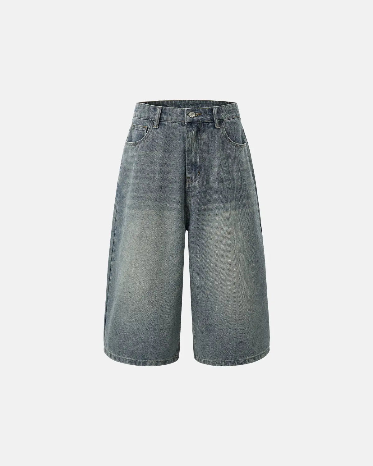 Washed baggy longline jorts by Flation Streetwear, relaxed fit denim pants with distressed wash and extended length.
