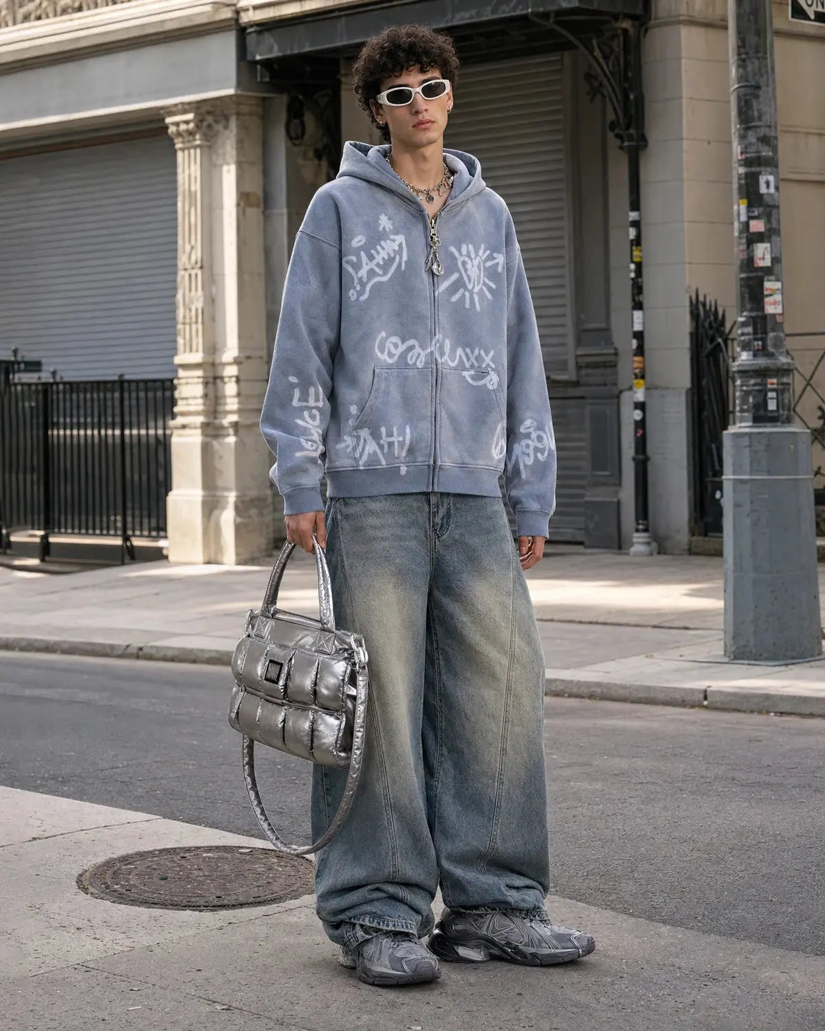 Flation Graffiti Washed Zip Up Hoodie featuring a graffiti design, casual fit, and washed fabric for a stylish streetwear look.