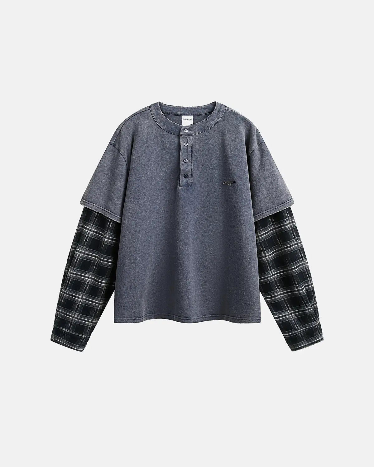 Distressed plaid layered long sleeve tee by INFLATION Streetwear featuring a casual, layered design with a distressed plaid pattern.