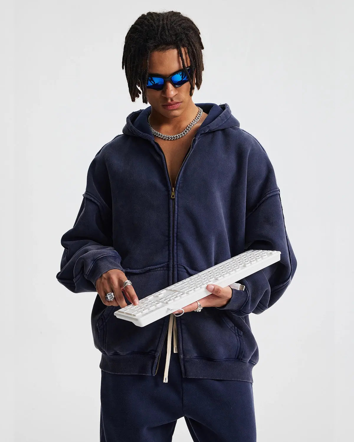 Distressed acid wash double zip-up hoodie by Flation featuring a streetwear style with a rugged, faded look and silver zippers.