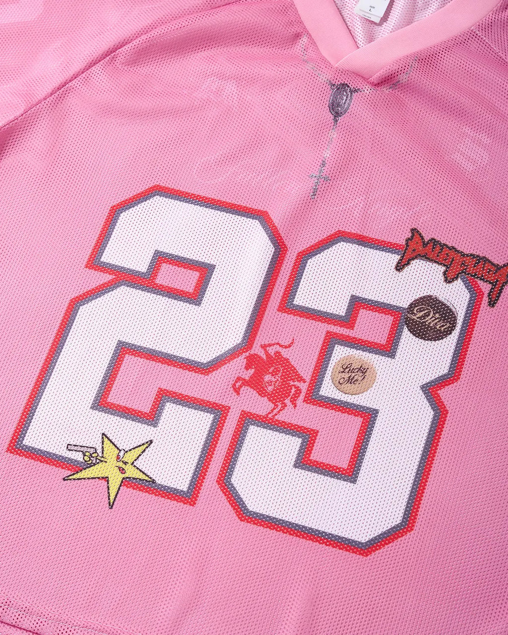 Pink mesh jersey t-shirt from Inflation Streetwear with the number 23 printed on the front, featuring a modern streetwear style.