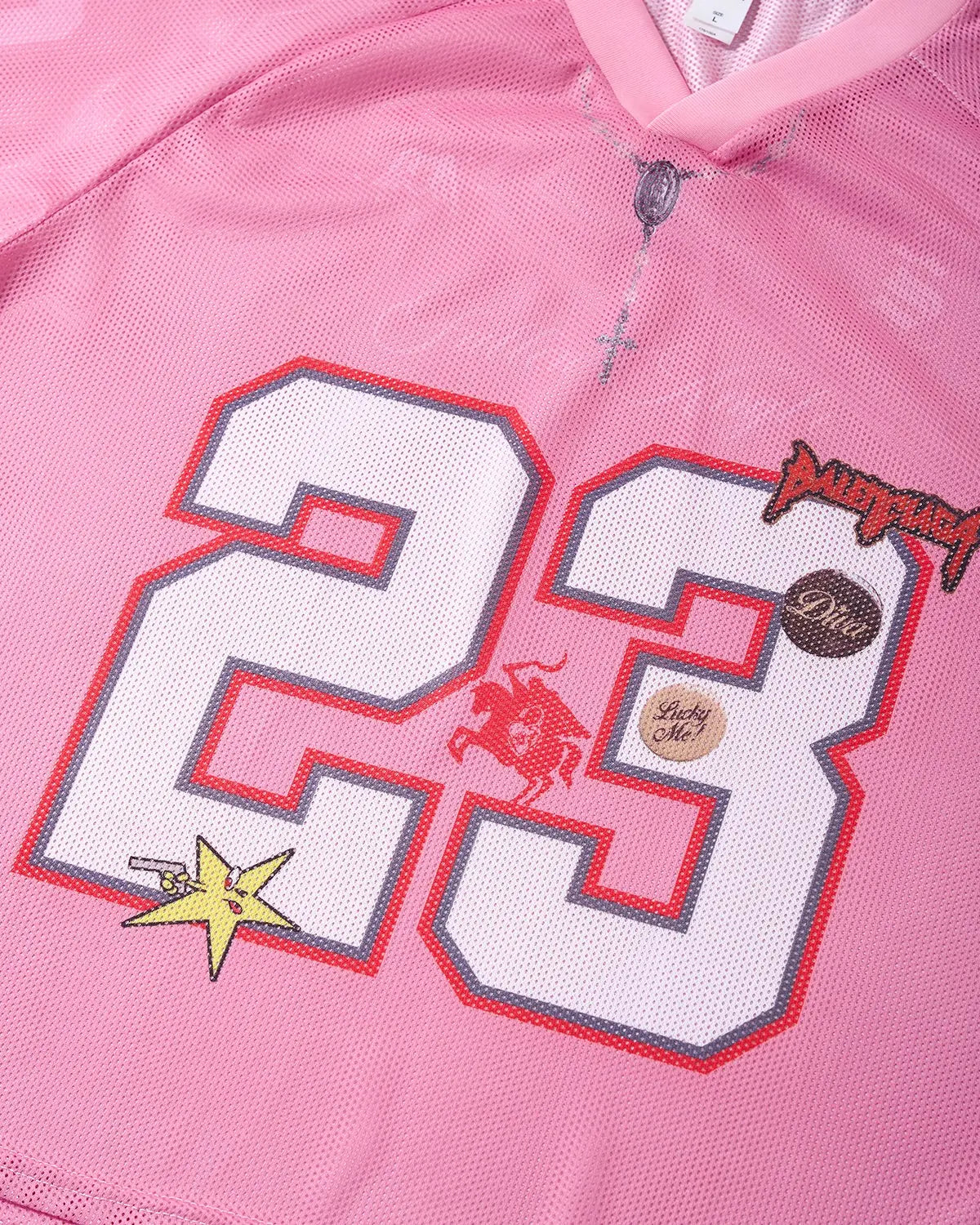 Pink mesh jersey t-shirt from Inflation Streetwear with the number 23 printed on the front, featuring a modern streetwear style.