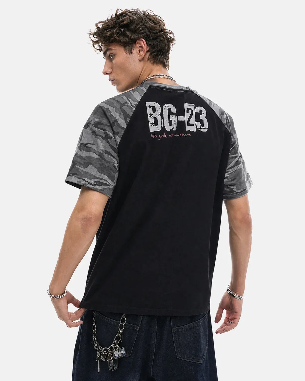 Inflation Streetwear camo sleeve graphic boxy T-shirt featuring bold camouflage pattern and relaxed fit, casual streetwear style.