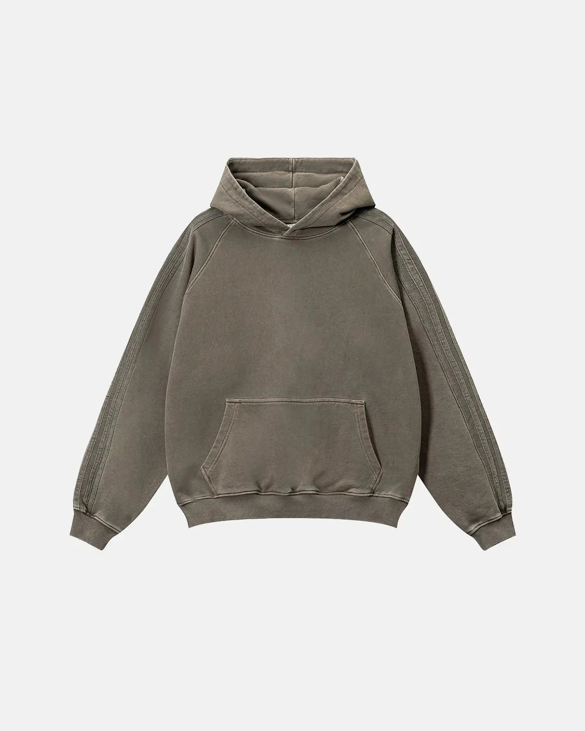 Inflation Streetwear frayed seam acid wash hoodie with distressed details and casual fit, shown in a neutral color.