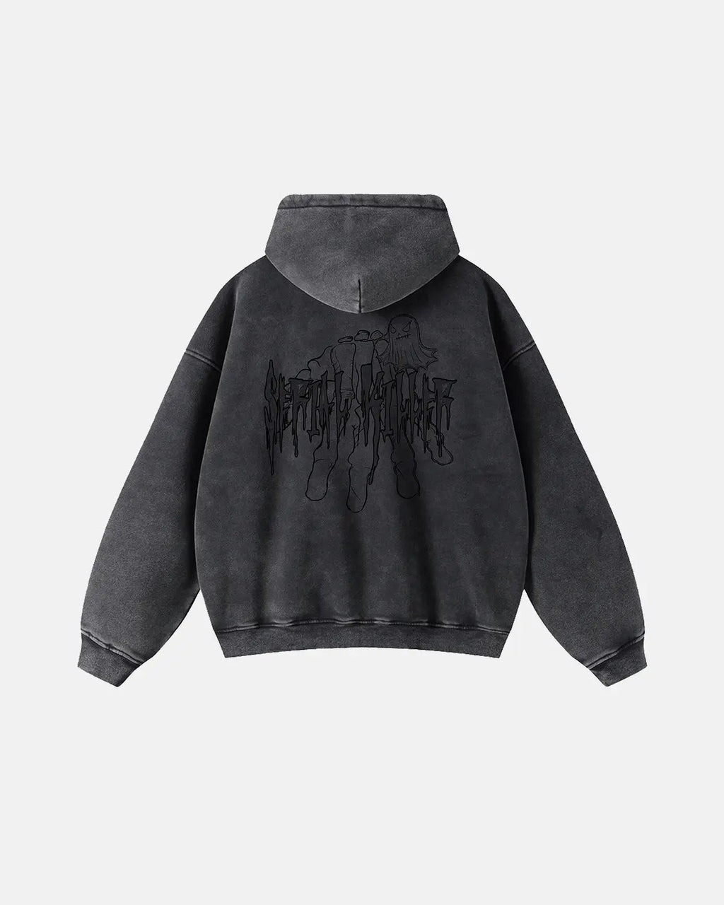Gothic acid wash zip-up hoodie from Flation Streetwear with a relaxed fit and bold street style design.