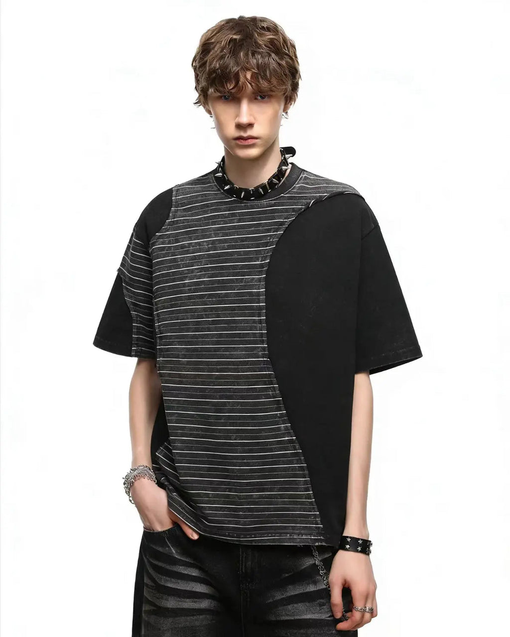 Inflation Streetwear striped patchwork washed T-shirt with multicolor design and casual fit, shown on a plain background.
