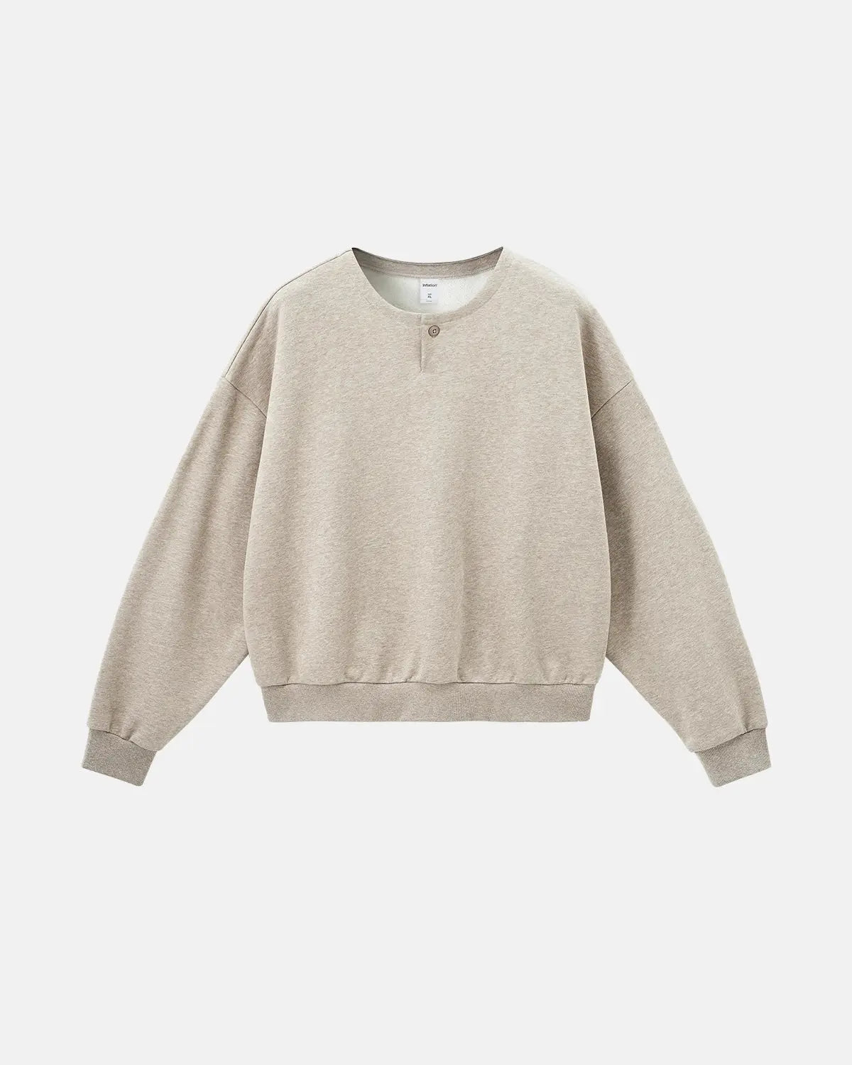 Gray boxy fit Henley collar sweatshirt by Flation Streetwear, featuring a relaxed silhouette and buttoned neckline.