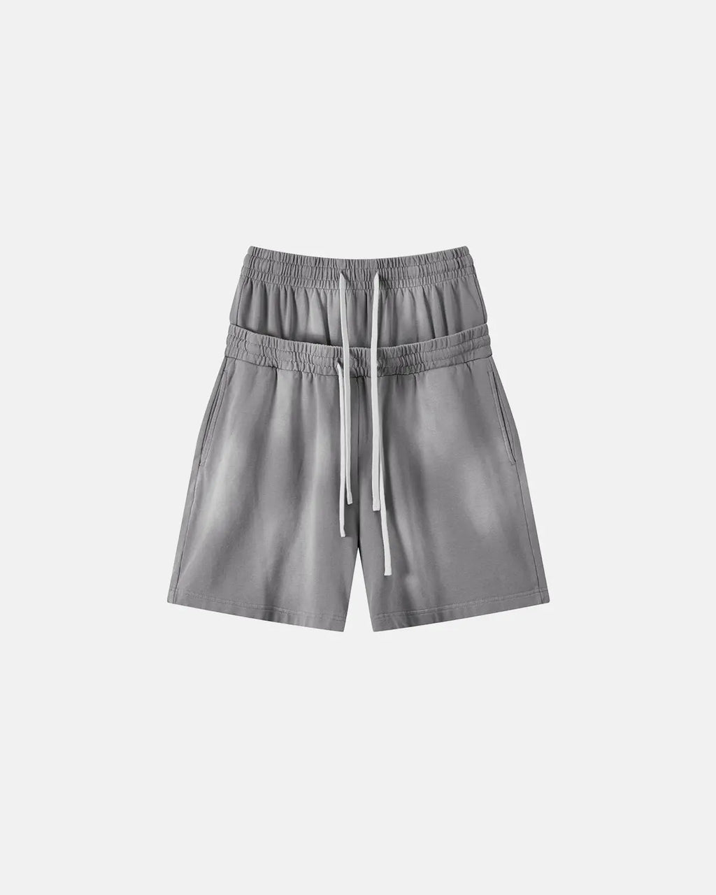 Inflation Double Waist Monkey Wash Sweat Shorts, stylish streetwear shorts with a unique monkey wash design and double waistband detail.
