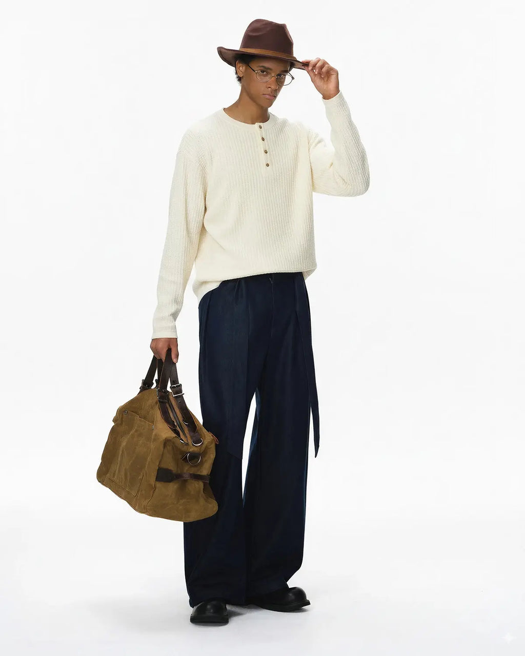 Inflation Streetwear Old Money Style Henley Long Sleeve T-shirt in neutral color, featuring a classic buttoned neckline and long sleeves.