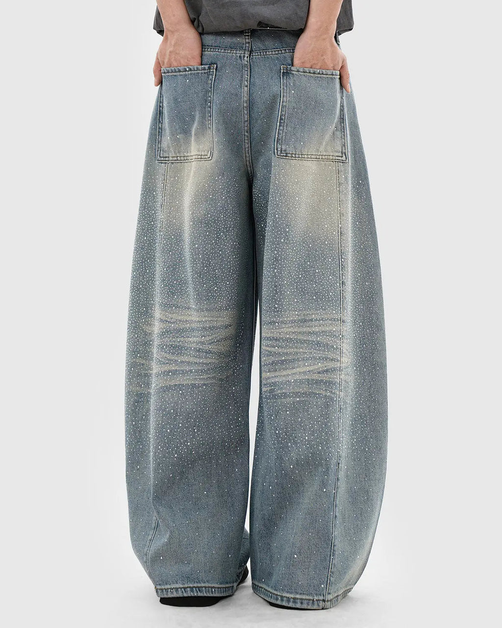 Inflation streetwear rhinestone washed barrel baggy jeans, casual pants with distressed and rhinestone details, relaxed fit and trendy style