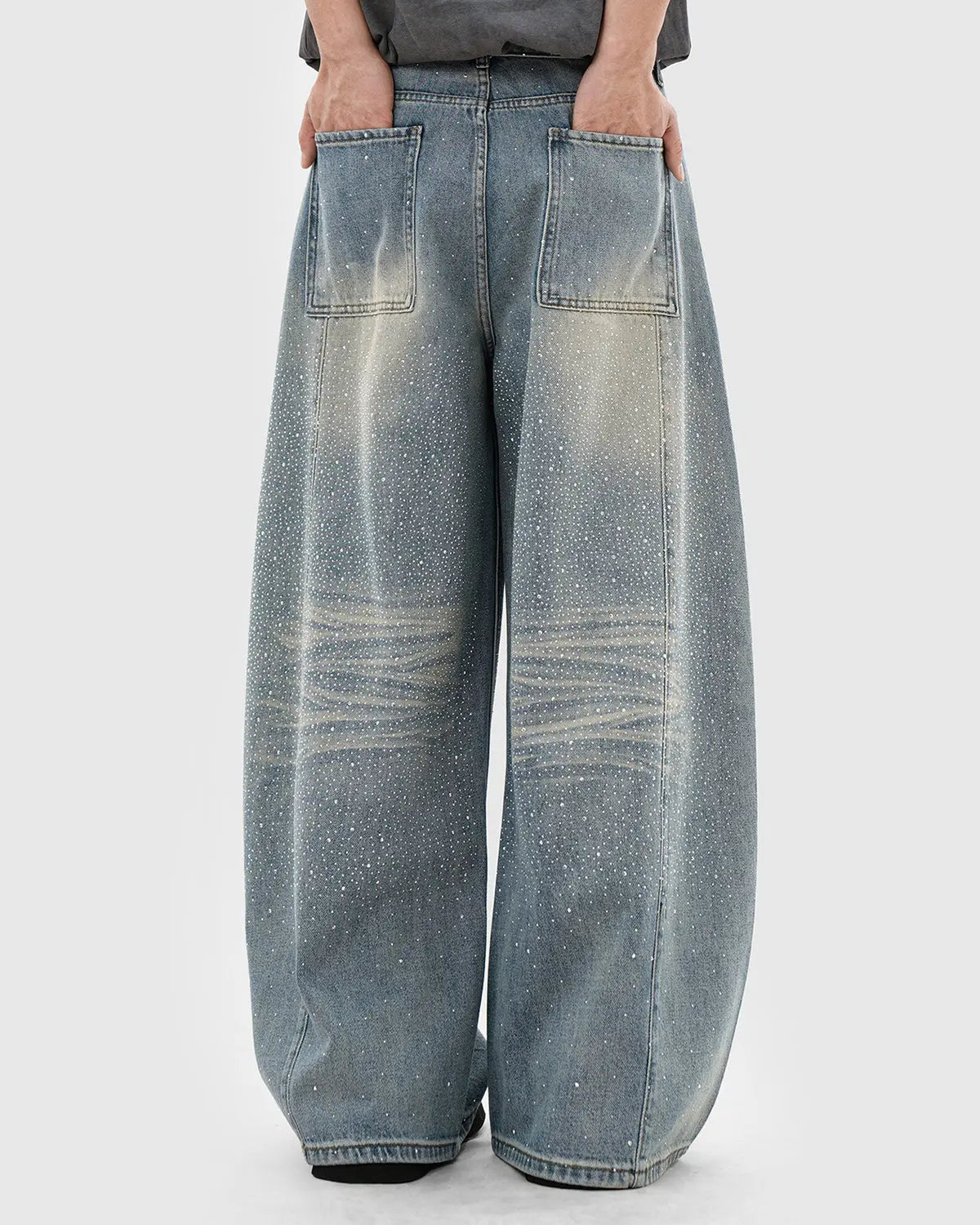 Inflation streetwear rhinestone washed barrel baggy jeans, casual pants with distressed and rhinestone details, relaxed fit and trendy style