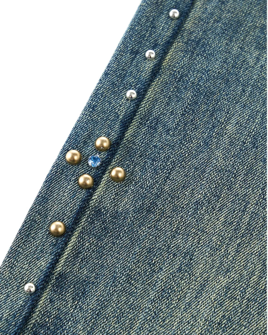 Acid wash beaded studded flared baggy jeans by INFLATION Streetwear, showing distressed denim with beaded embellishments and wide-leg fit.