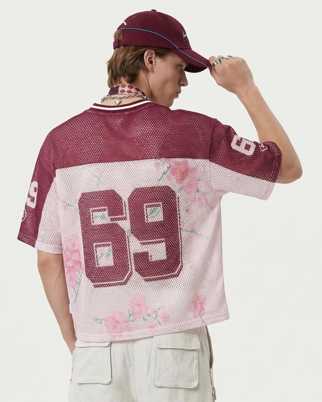 Floral digital print mesh jersey from Inflation Streetwear featuring vibrant floral pattern and lightweight breathable fabric.