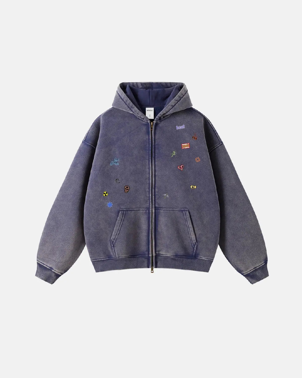 Distressed zip-up hoodie from Inflation Streetwear with funny sticker graphics, casual streetwear style, front view.