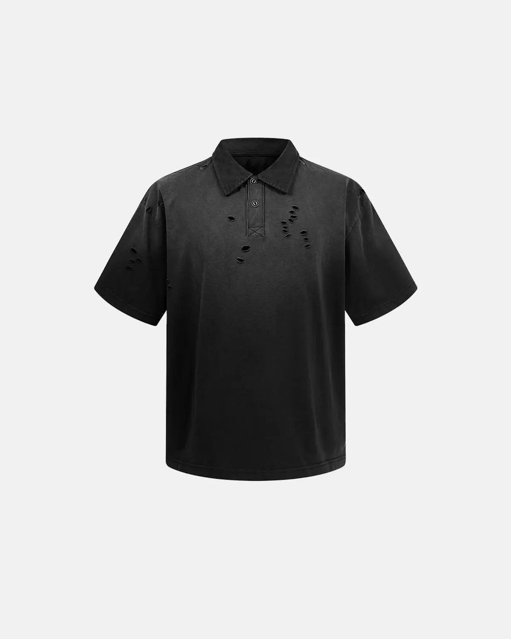 Distressed washed polo shirt by INFLATION with ripped details and casual streetwear style, shown in a close-up image.