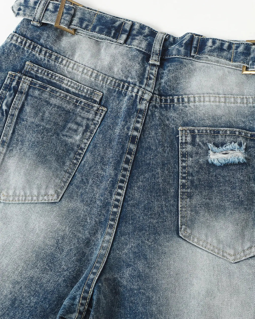 Distressed Cinch Back Deconstructed Barrel Jeans by INFLATION, stylish streetwear pants with a relaxed fit and unique detailing.