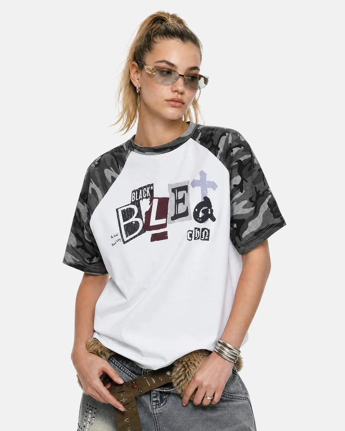Inflation Streetwear camo sleeve graphic boxy T-shirt with bold print, casual fit, and modern streetwear style.