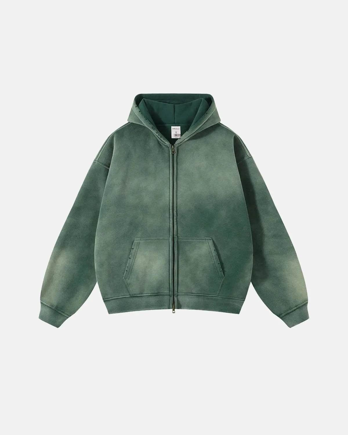 Acid washed zip-up hoodie from Flation Streetwear featuring a relaxed fit, front zipper, and distressed acid wash fabric.