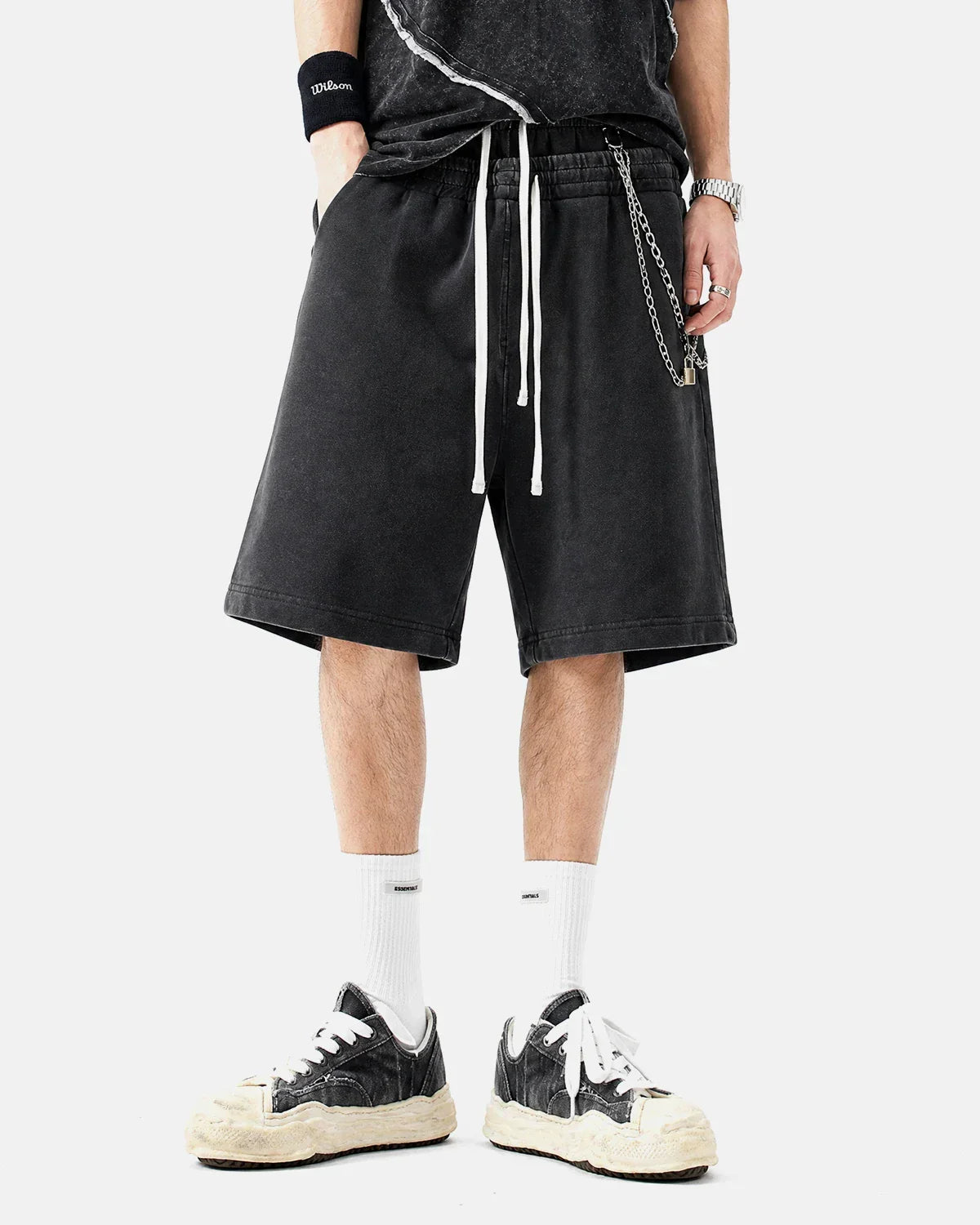 Inflation Streetwear acid wash sweat shorts with double waist design, casual fit, and distressed denim look.