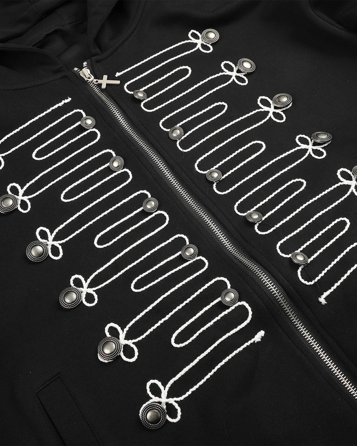 Inflation Streetwear braided embroidery boxy zip-up hoodie, casual fit, featuring detailed braided embroidery on the front and a front zipper
