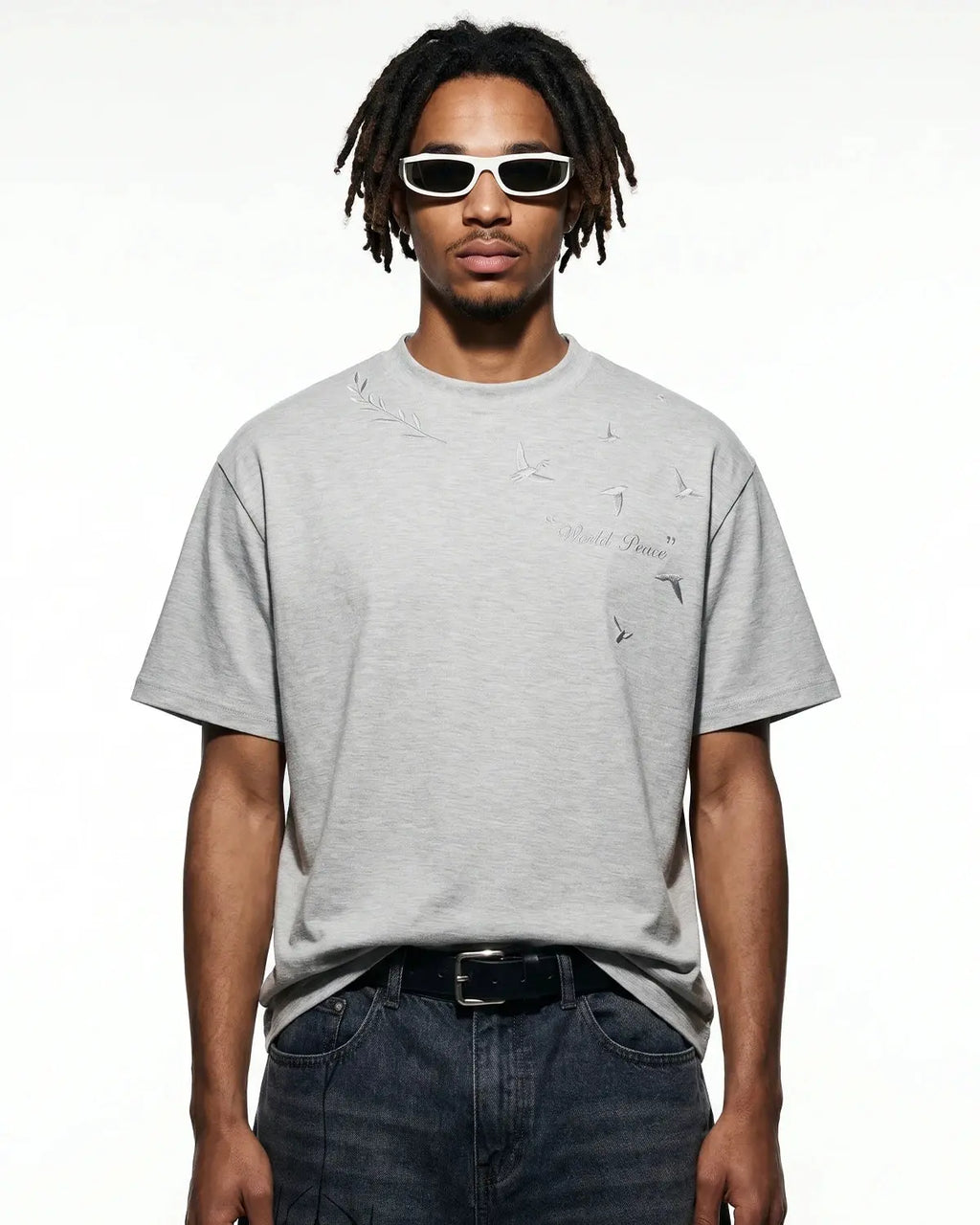 Dove embroidered mock neck T-shirt by INFLATION, featuring detailed dove embroidery on a casual streetwear tee.